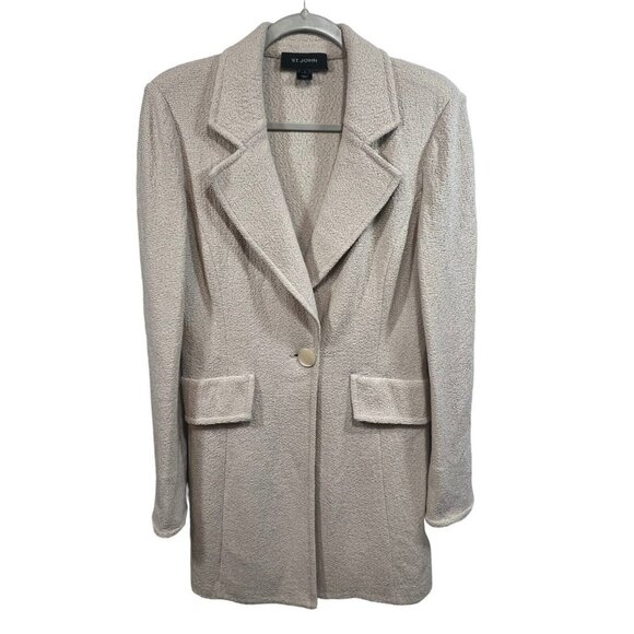 St. John Knits Neutral Coat Blazer Knee Length 6 Cream Quiet Luxury Minimalist - Picture 1 of 6